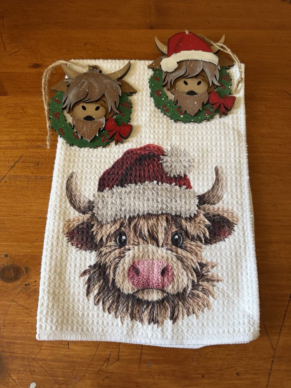 Highland Cow Christmas Kitchen Towel & Ornament Bundle Farmhouse Holiday Decor